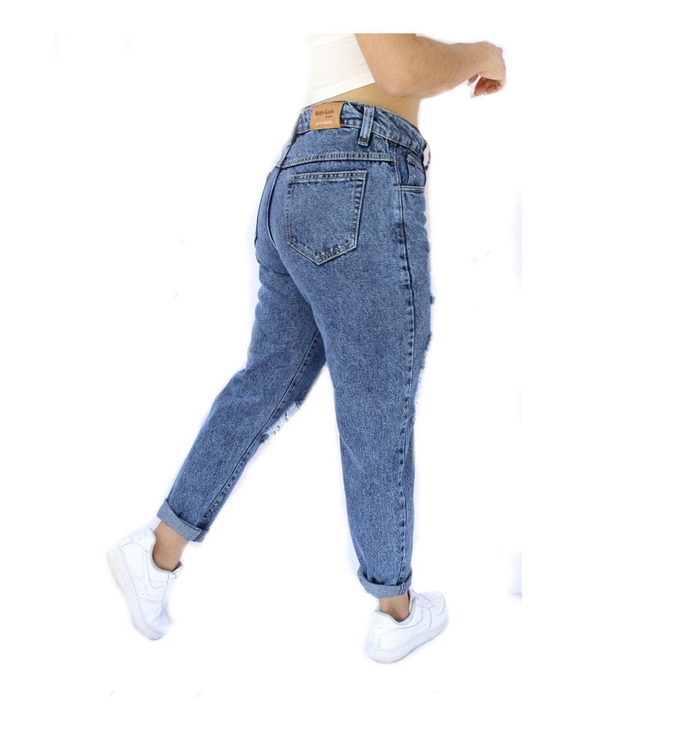 Mom Jeans Con Demolición de Mezclilla Rígida para Dama