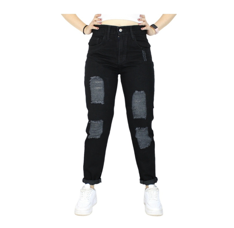 Mom Jeans Con Demolición de Mezclilla Rígida para Dama