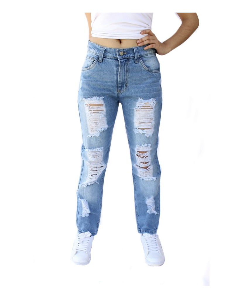 Mom Jeans Con Demolición de Mezclilla Rígida para Dama