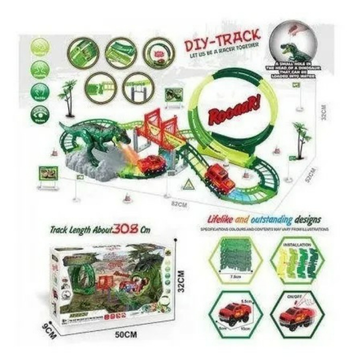 Pista Carreras Con Dinosaurio 72 Piezas 308 Cm Con Luz Sonido Agua