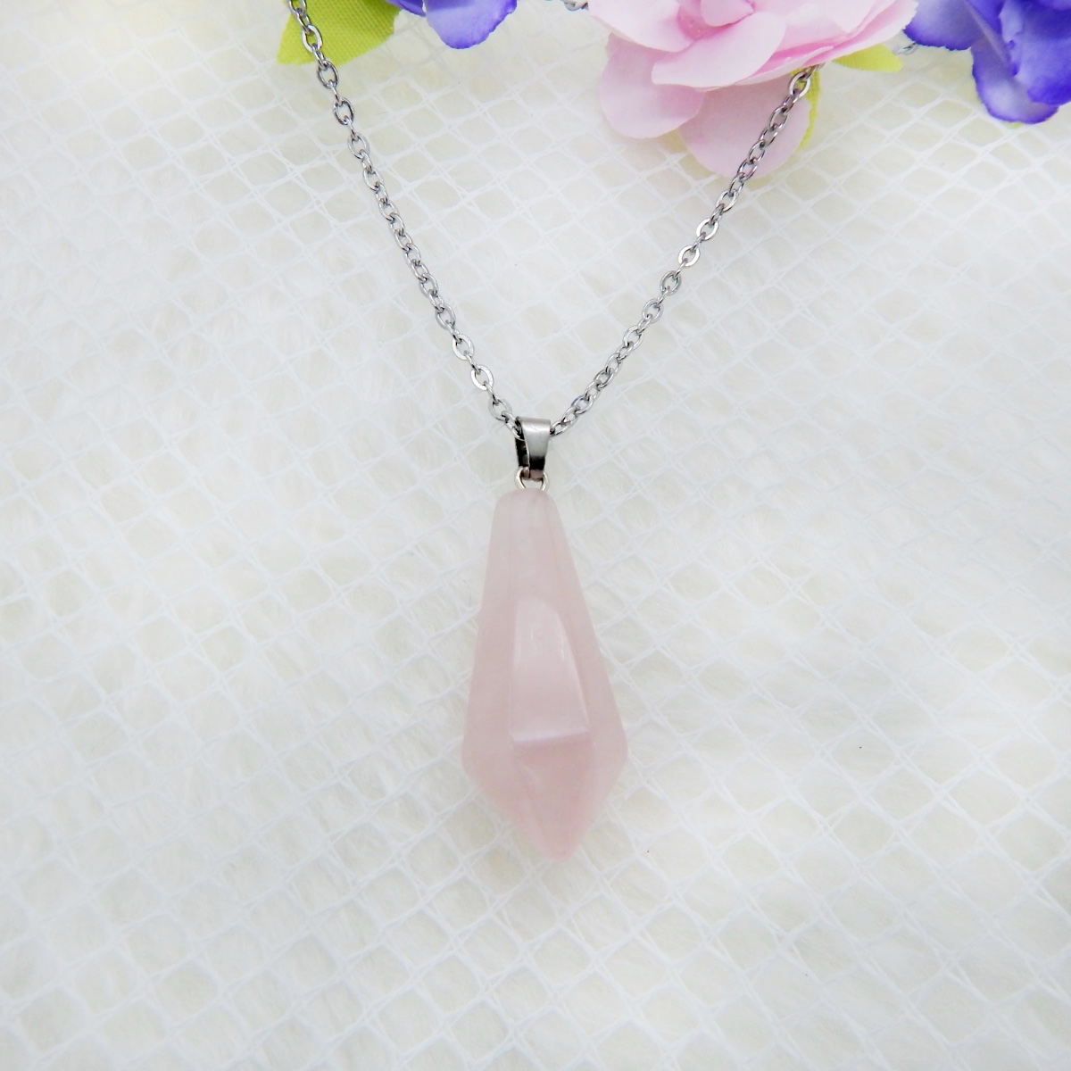 Collar De Cuarzo Rosa Péndulo, Piedras Naturales y Cadena de Acero Inoxidable Libela 