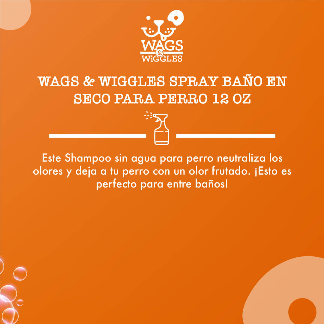 Shampoo en spray en seco Wags & Wiggles para perros, refresca y elimina olores. Aroma frutado. 355 mL