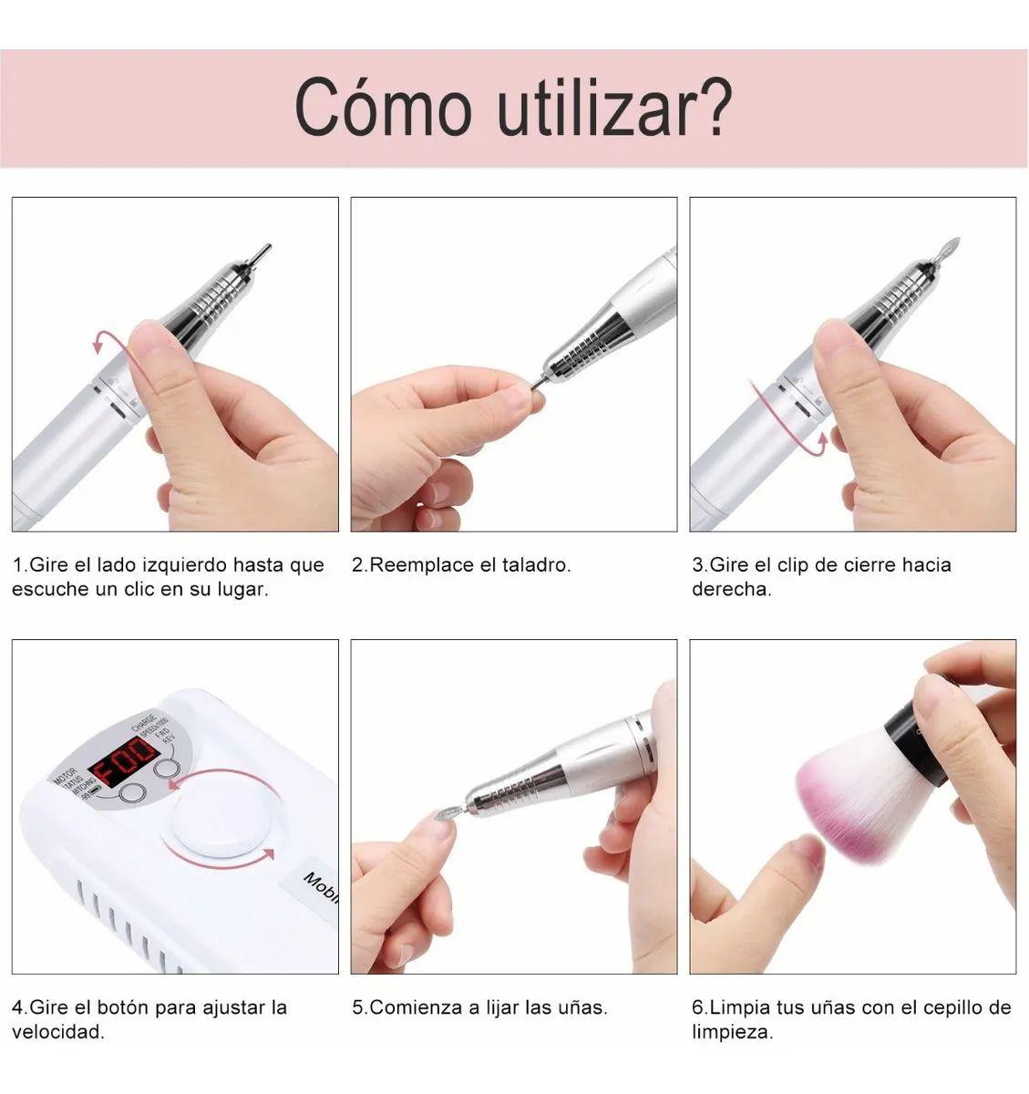 Torno Para Uñas, 7en1 Torno Eléctrico Para Uñas Portátil Blanco
