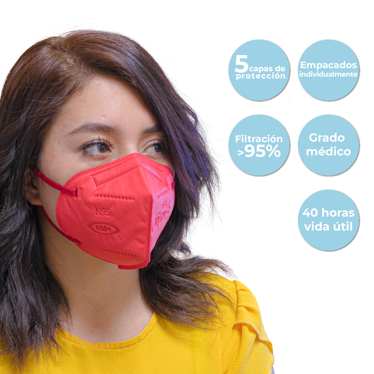 Cubrebocas KN95 / N95 Grado Médico Certificado 5 Capas de Protección Color Rojo 100 Pz