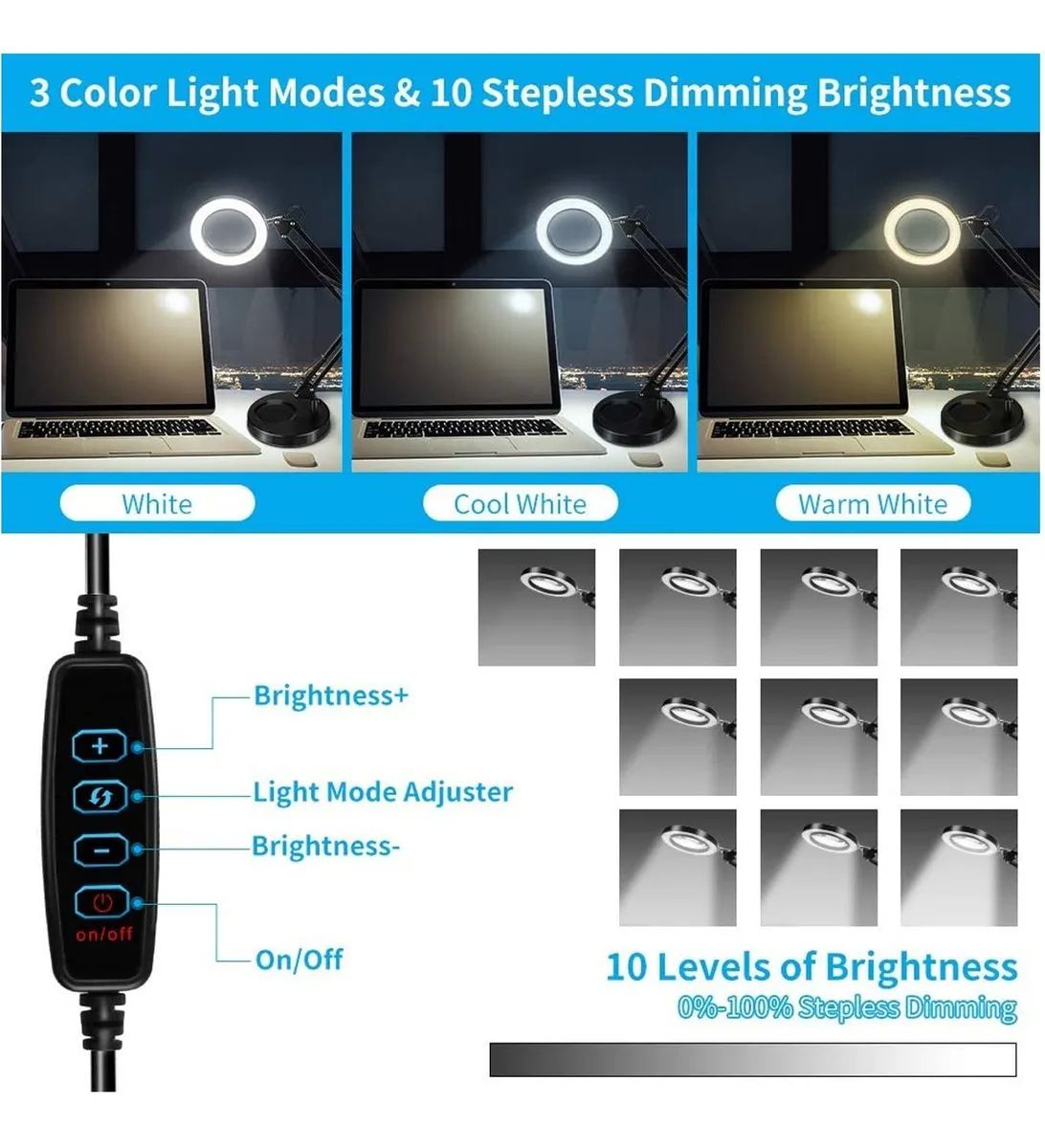 Lámpara Led De Escritorio Con Lupa De 3 Colores De 10x