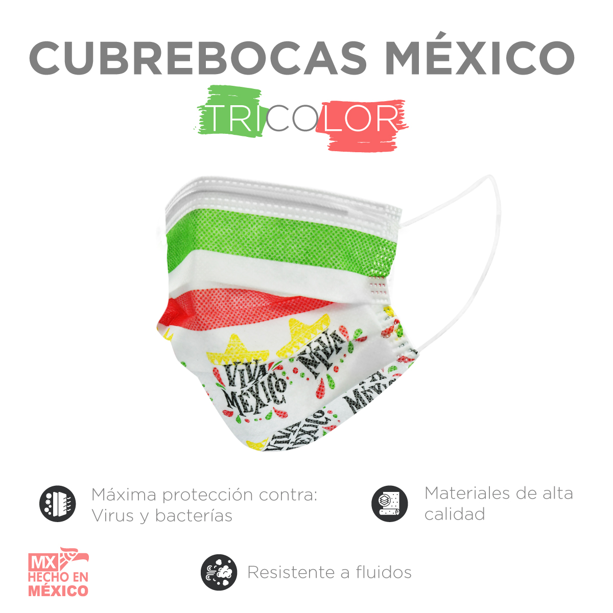 Cubrebocas de Colores Patrios, Cubrebocas Tricapa Termosellado Mexico 50 pzas