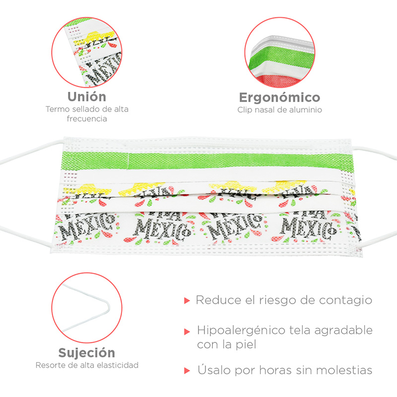Cubrebocas de Colores Patrios, Cubrebocas Tricapa Termosellado Mexico 50 pzas