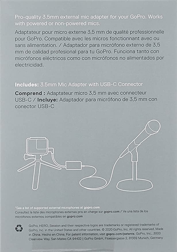 GoPro Cable Adaptador de micrófono PRO externo  de 3.5 mm para Camaras Gopro Hero 5 6 7 8 9 10 Black