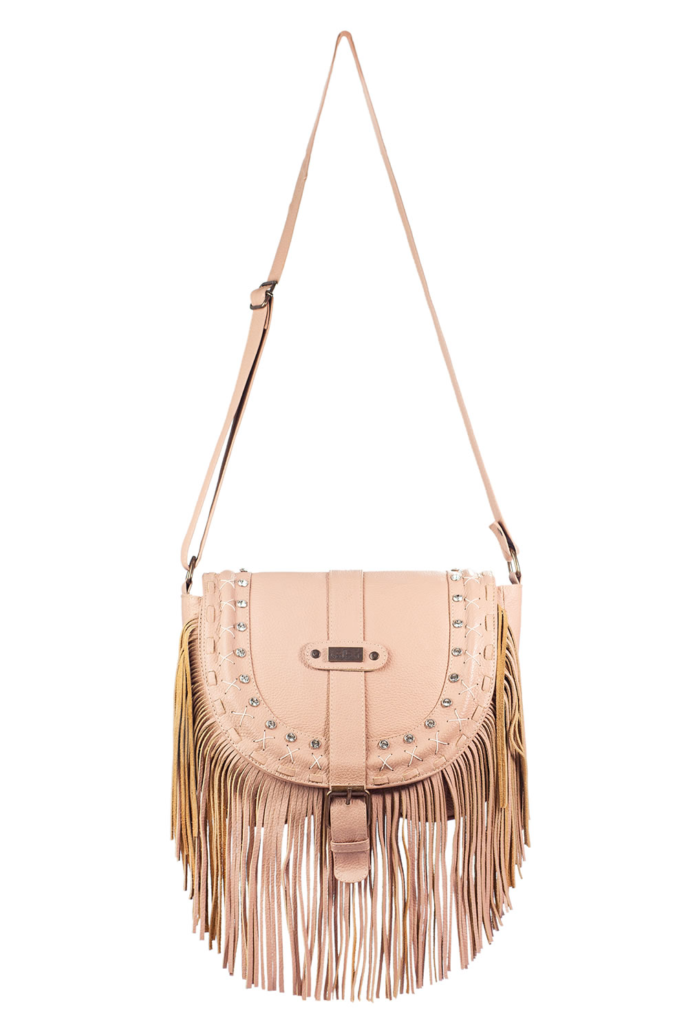 Bolso s tipo Crossbody  A ÁNGELOZANO dePiel Vacuna con detalles tejidos a mano, pedrería y flecos.