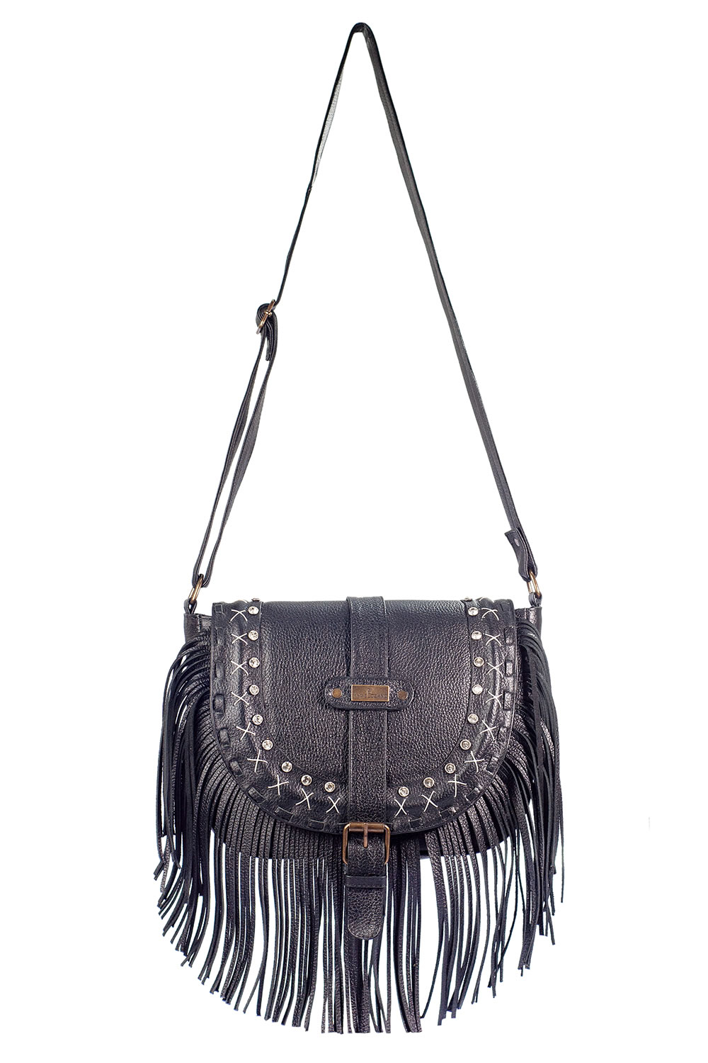 Bolso s tipo Crossbody  A ÁNGELOZANO dePiel Vacuna con detalles tejidos a mano, pedrería y flecos.