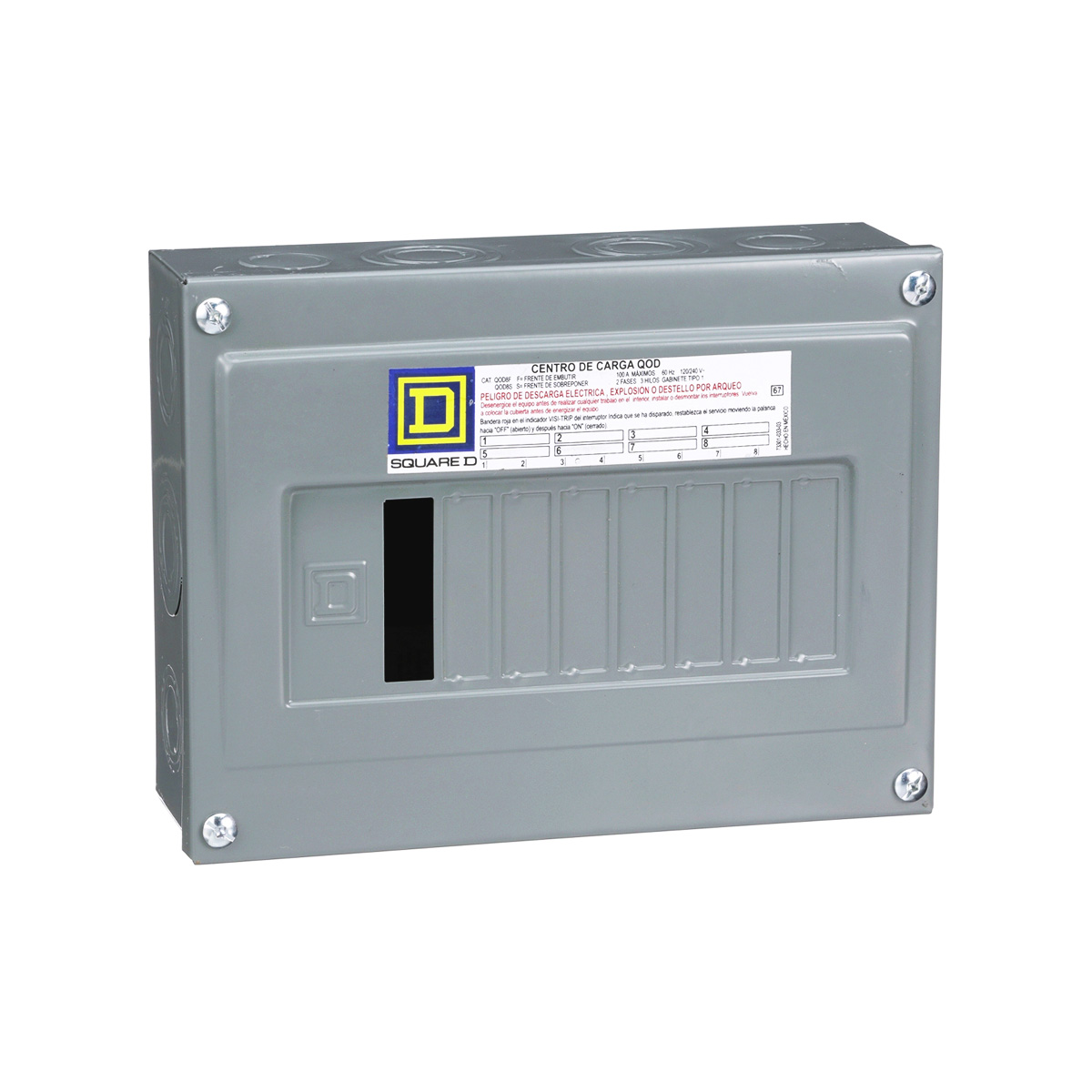Centro de carga QOD Zapatas principales 100 A 1F, 3H 8SP Nema 1 de sobreponer