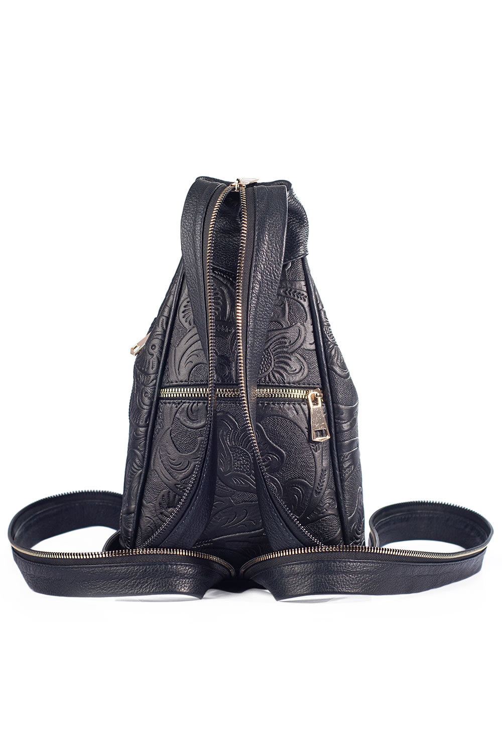 Bolso tipo pechera A ÁNGELOZANO de  Piel Vacuna con grabado tipo cincelado y bordado artesanal de Chiapas, Modelo Celia