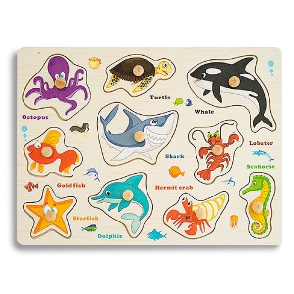 Rompecabezas Bilingüe Animales Del Mar Con Pijas Didáctico