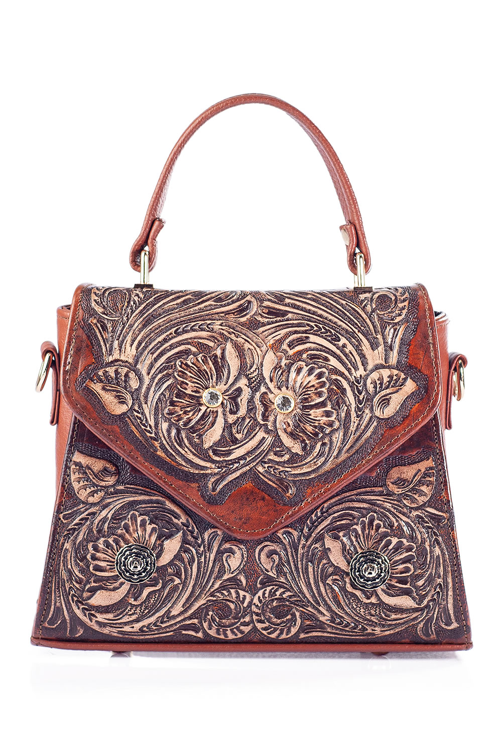 Bolso tipo Satchel A AÁNGELOZANO de piel vacuna, cincelado y pintado a mano, Modelos Ely