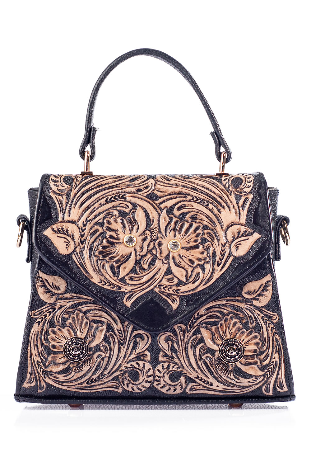 Bolso tipo Satchel A AÁNGELOZANO de piel vacuna, cincelado y pintado a mano, Modelos Ely