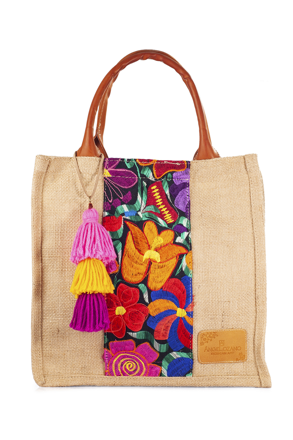 Bolso tipo Shopper A ÁNGELOZANO de yute tejido con detalles de bordado artesanal de flores,Forro plastificado. Modelo Marimar