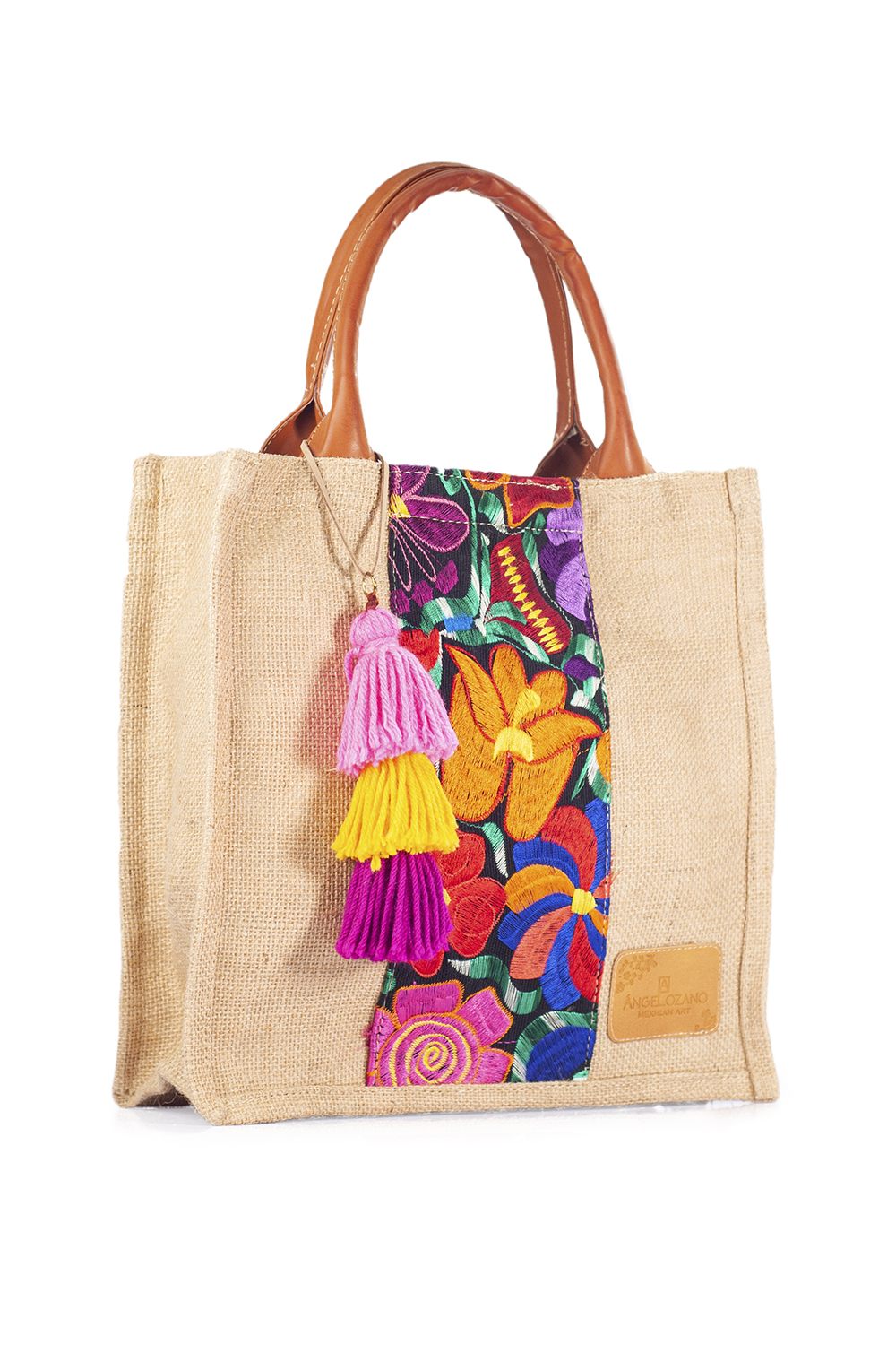Bolso tipo Shopper A ÁNGELOZANO de yute tejido con detalles de bordado artesanal de flores,Forro plastificado. Modelo Marimar
