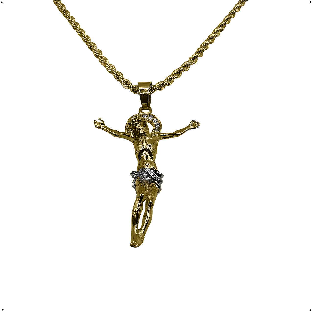 Cruz Dije Cristo Corona Brillante + Cadena Torzal Chapa de Oro de 18K Silver & Gold 