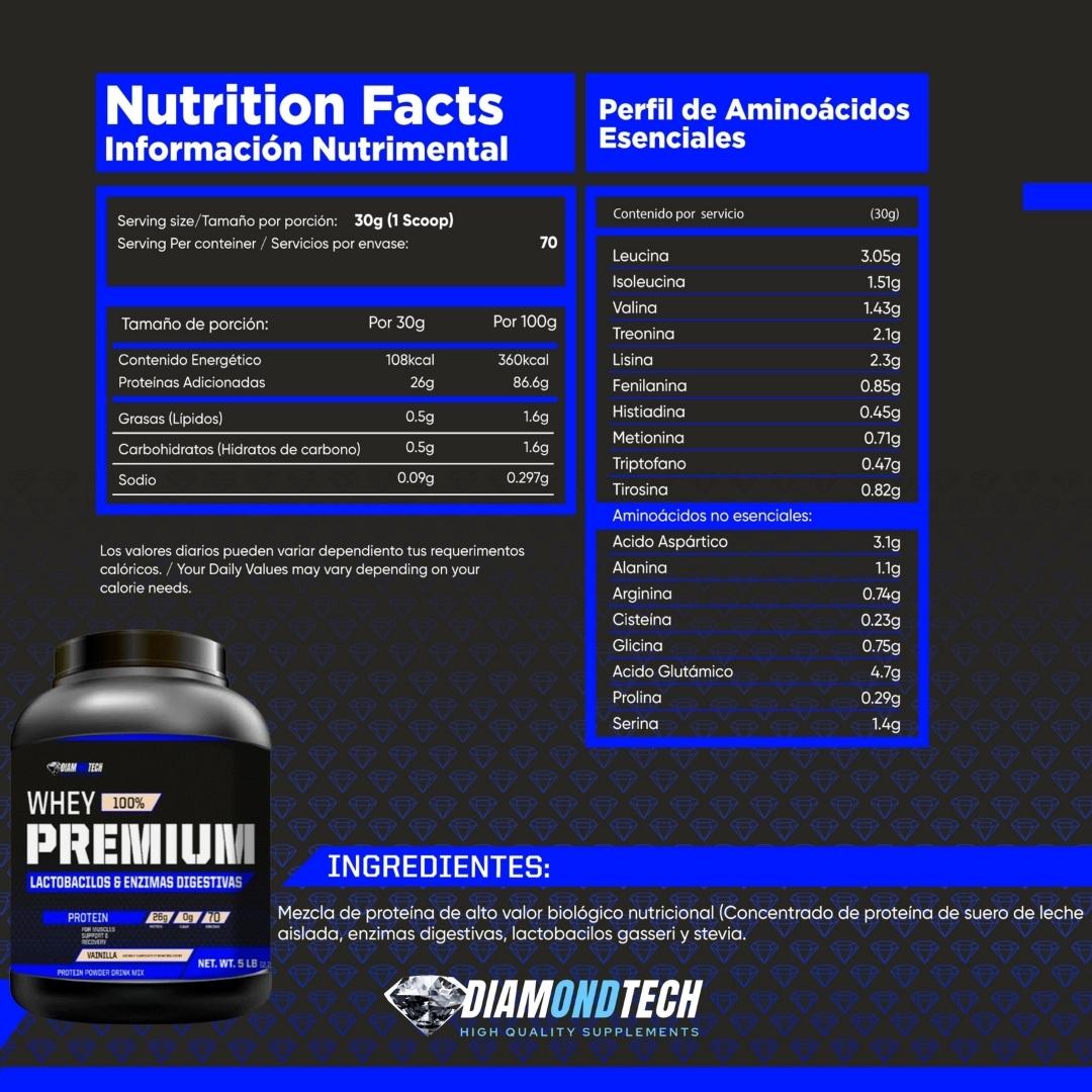 Proteína Whey Premium 5lbs (2.27kgs) con lactobacilos gasseri & enzimas digestivas DIAMONDTECH VAINILLA