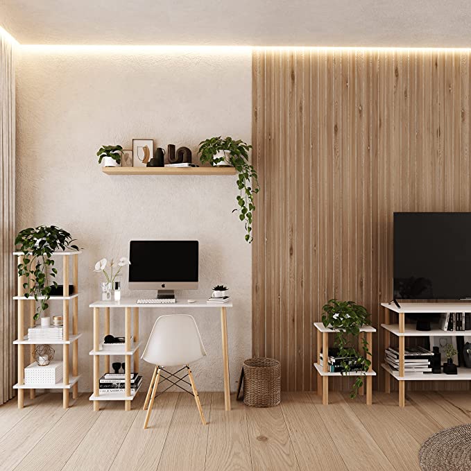 Escritorio Coco Mueble para Casa u Oficina Color Roble Blanco, Minimalista, 75 cm Altura x 100 cm Largo x 40 cm Fondo. Mesa Auxiliar de Almacenamiento Tipo Librero de Computadora Home Office.