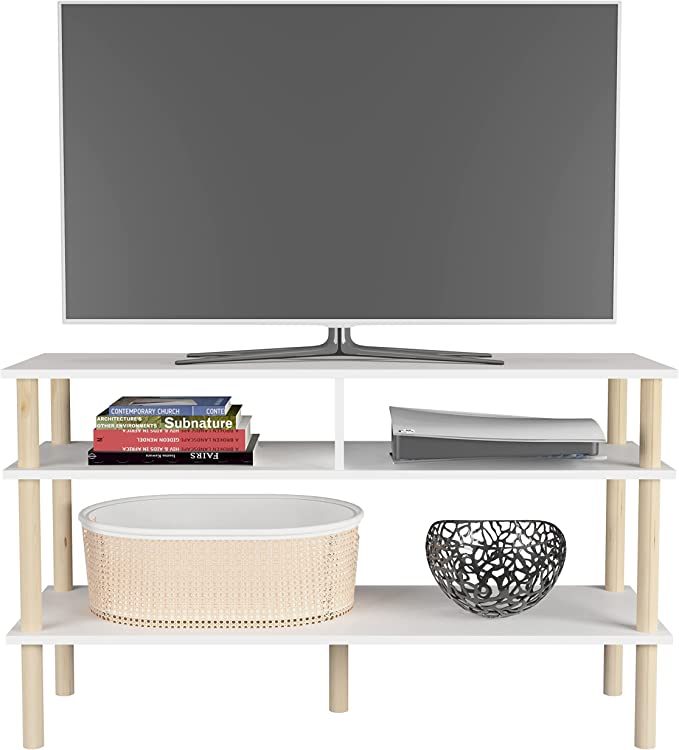 Mueble de TV Uva, de Pino Moderno Blanco Minimalista para casa, recamara u Oficina, 71 cm Altura x 120 cm Ancho x 40 cm Fondo. Mesa Auxiliar de Almacenamiento Tipo Librero o Armario para Organizar.