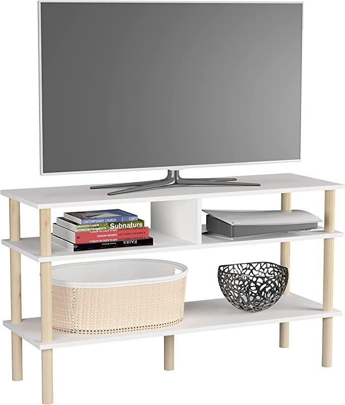 Mueble de TV Uva, de Pino Moderno Blanco Minimalista para casa, recamara u Oficina, 71 cm Altura x 120 cm Ancho x 40 cm Fondo. Mesa Auxiliar de Almacenamiento Tipo Librero o Armario para Organizar.