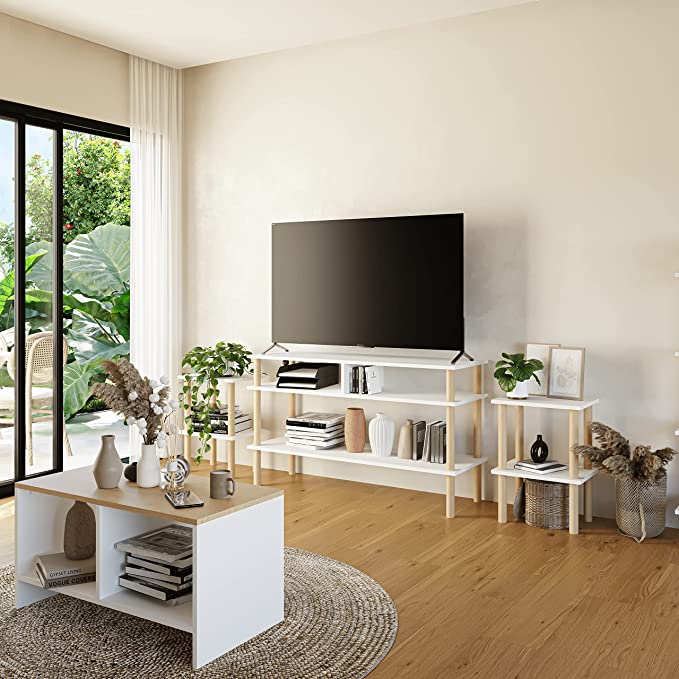 Mueble de TV Uva, de Pino Moderno Blanco Minimalista para casa, recamara u Oficina, 71 cm Altura x 120 cm Ancho x 40 cm Fondo. Mesa Auxiliar de Almacenamiento Tipo Librero o Armario para Organizar.