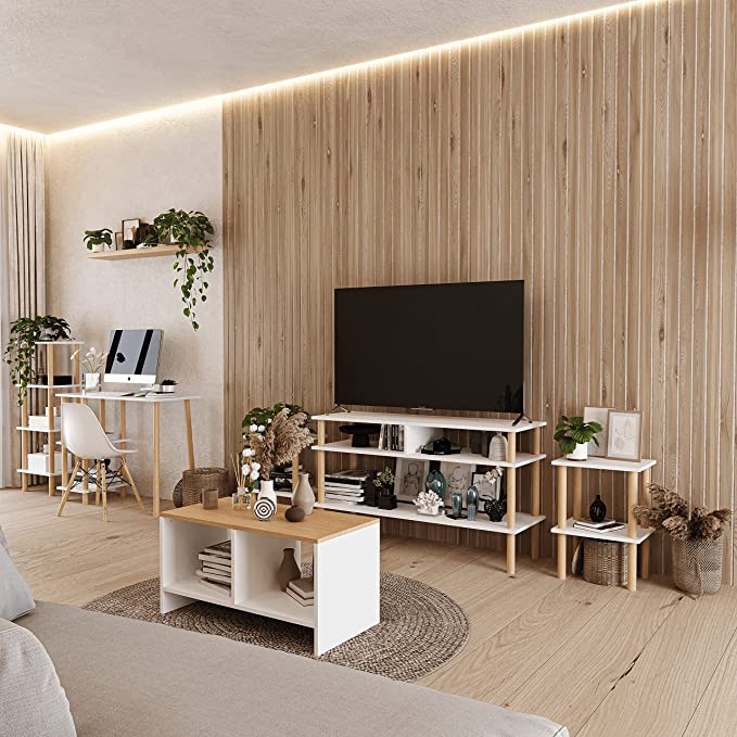 Mueble de TV Uva, de Pino Moderno Blanco Minimalista para casa, recamara u Oficina, 71 cm Altura x 120 cm Ancho x 40 cm Fondo. Mesa Auxiliar de Almacenamiento Tipo Librero o Armario para Organizar.