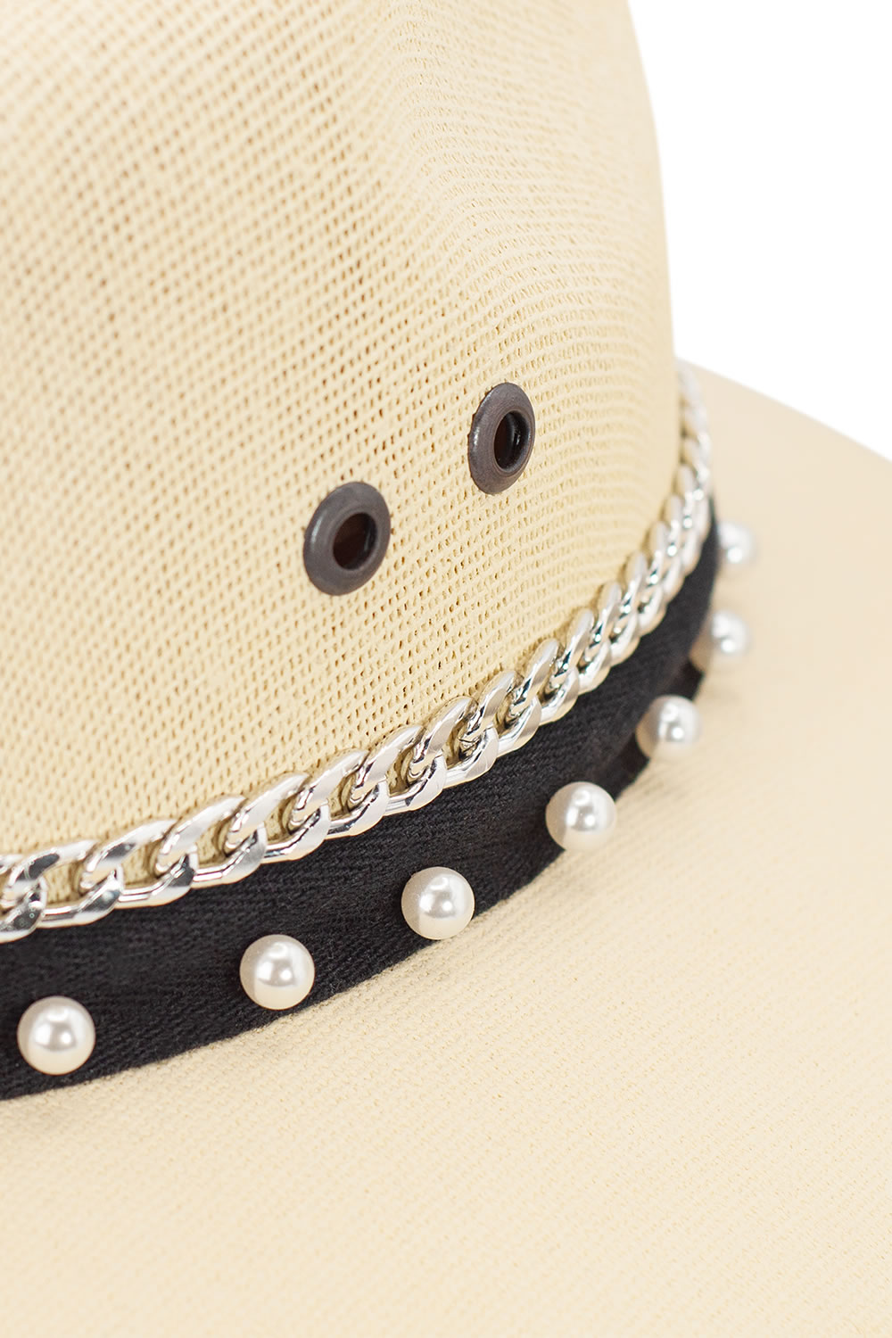 Sombrero para dama A ÁNGELOZANO de en lona rígida con perlas.