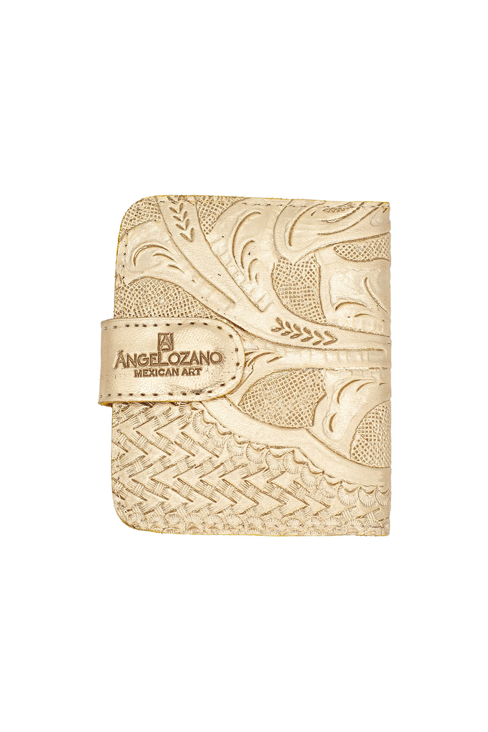 Tarjetero  A ÁNGELOZANO de piel vacuna con grabados tipo cincelado, múltiples compartimentos para billetes, tarjetas, credenciales