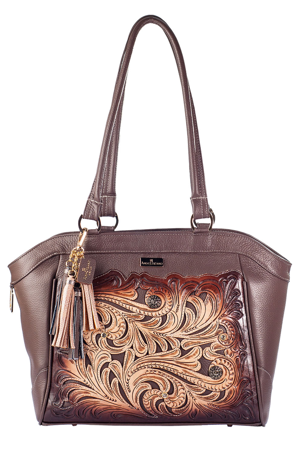 Bolso tipo Tote A ÁNGELOZANO DE piel vacuna con cincelado y pintado a mano, Modelo Maya