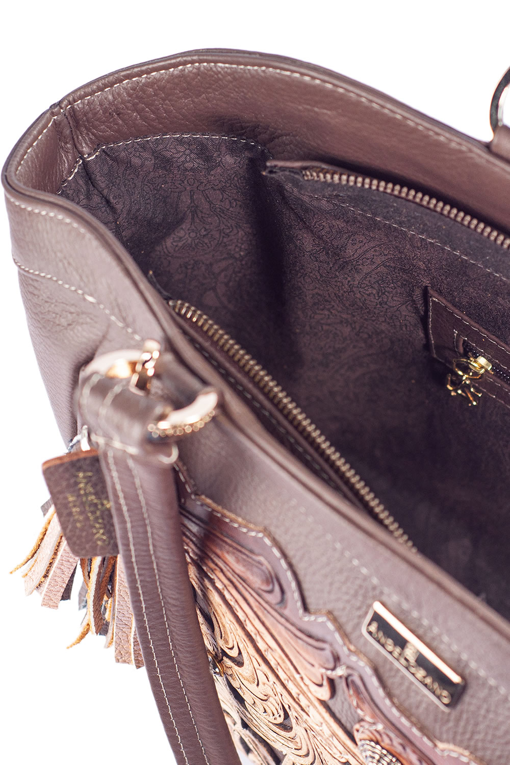 Bolso tipo Tote A ÁNGELOZANO DE piel vacuna con cincelado y pintado a mano, Modelo Maya