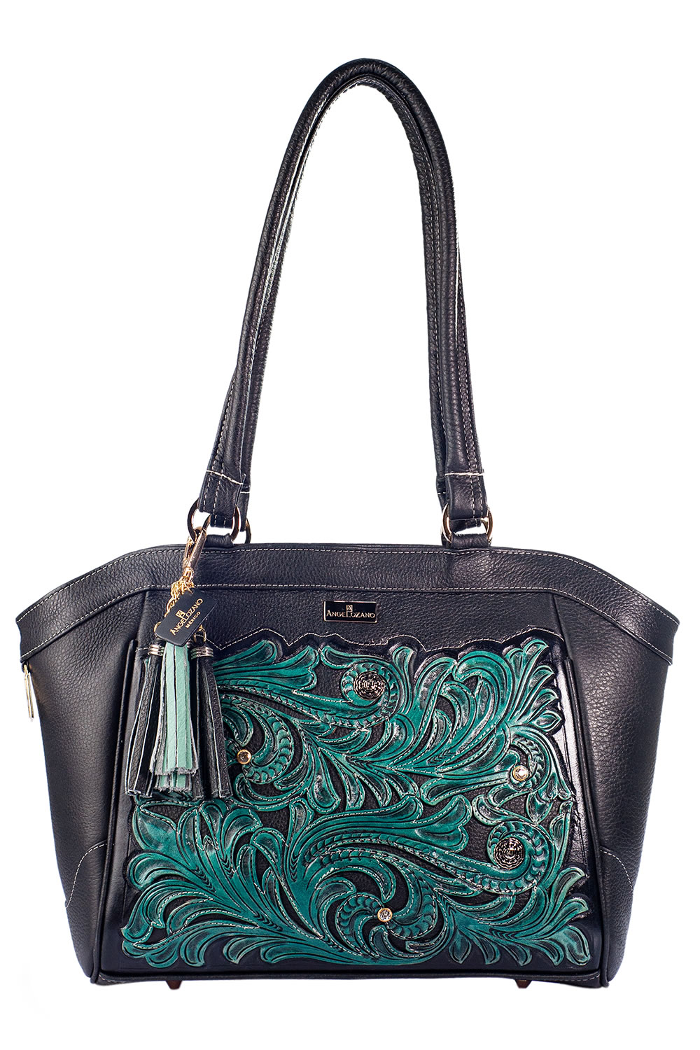 Bolso tipo Tote A ÁNGELOZANO DE piel vacuna con cincelado y pintado a mano, Modelo Maya