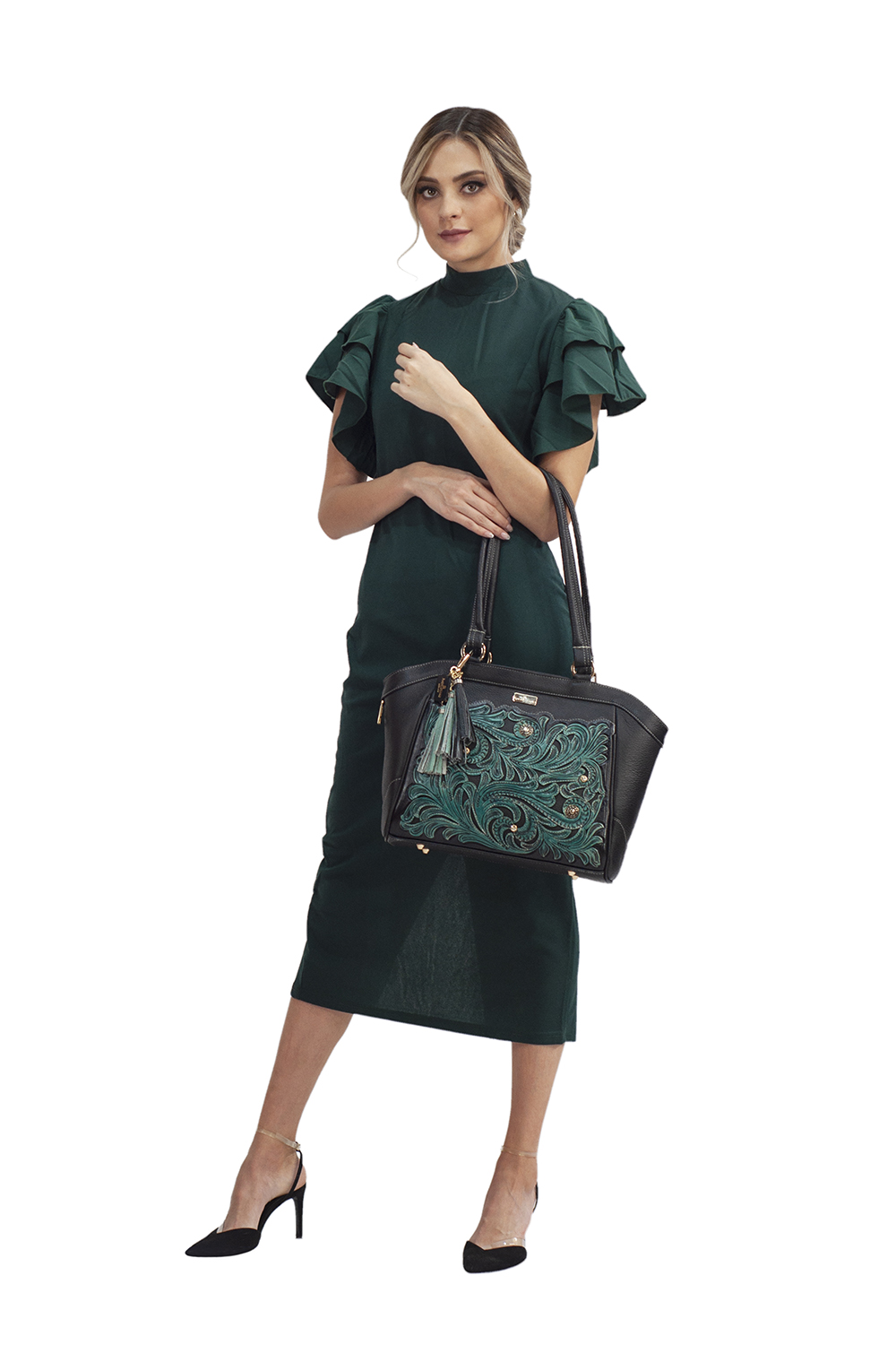 Bolso tipo Tote A ÁNGELOZANO DE piel vacuna con cincelado y pintado a mano, Modelo Maya