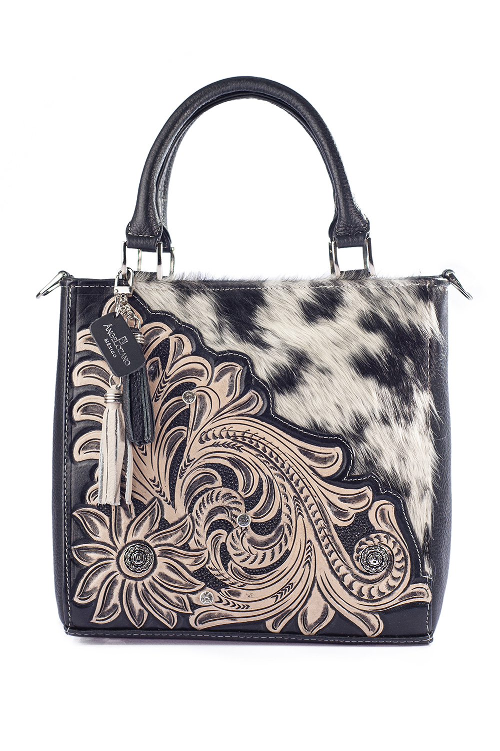 Bolso tipo Satchel  A ÁNGELOZANO de Piel Vacuna con detalles cincelados a mano y piel de vaca con pelo, Modelo Pilar