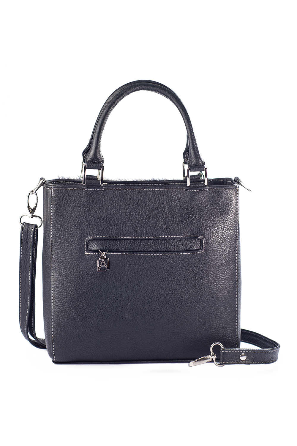 Bolso tipo Satchel  A ÁNGELOZANO de Piel Vacuna con detalles cincelados a mano y piel de vaca con pelo, Modelo Pilar