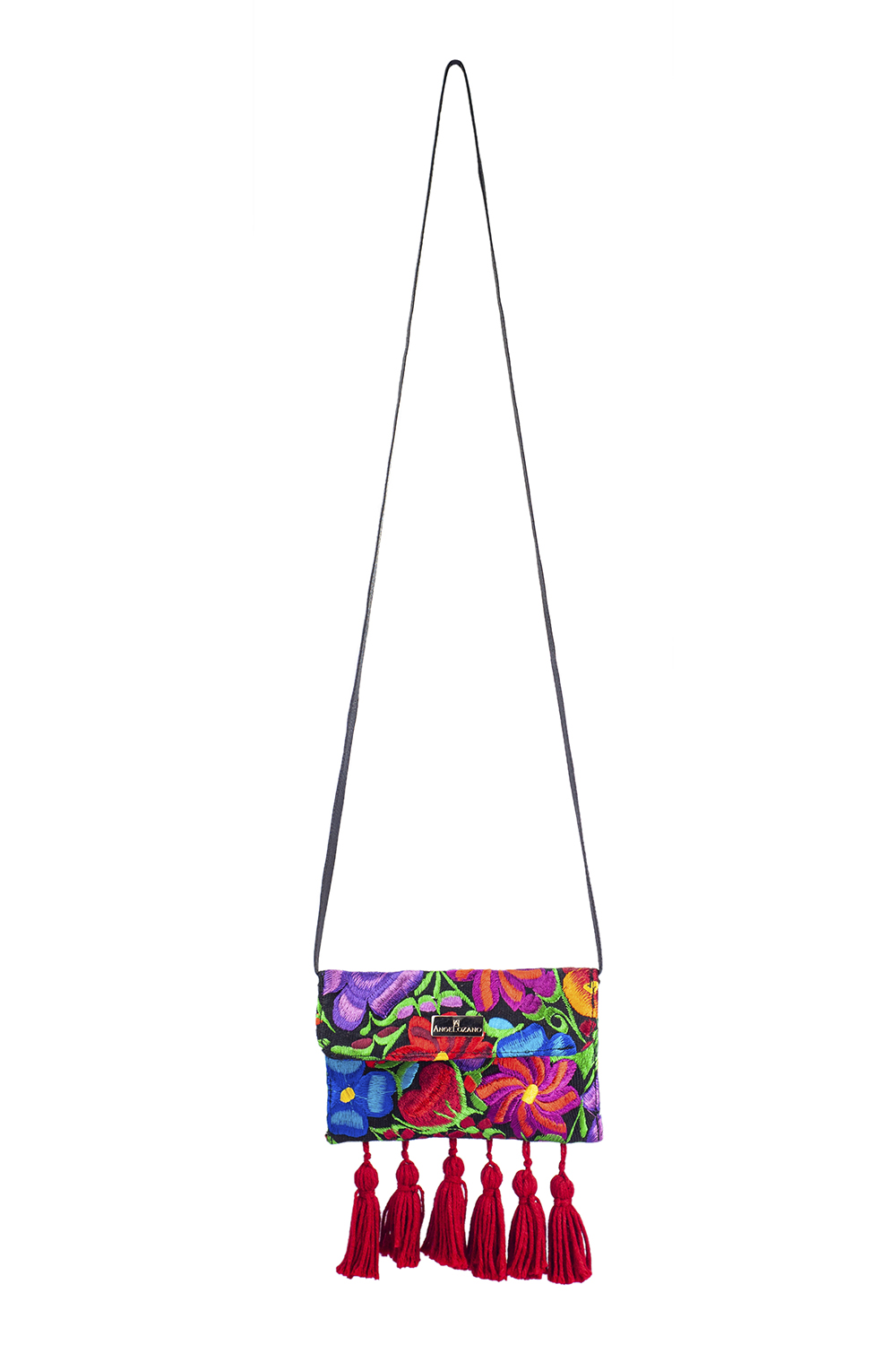 Porta celular tipo Crossbody  A ÁNGELOZANO con textil bordado artesanalmente en Chiapas con motitas y asa de piel sintética, Modelo Mía