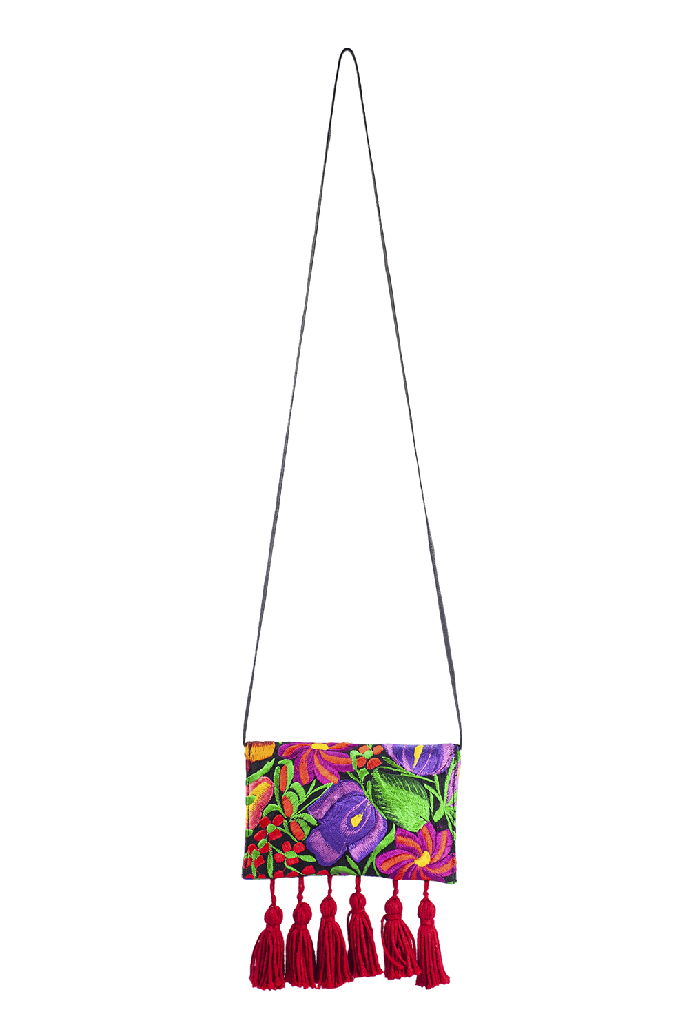 Porta celular tipo Crossbody  A ÁNGELOZANO con textil bordado artesanalmente en Chiapas con motitas y asa de piel sintética, Modelo Mía