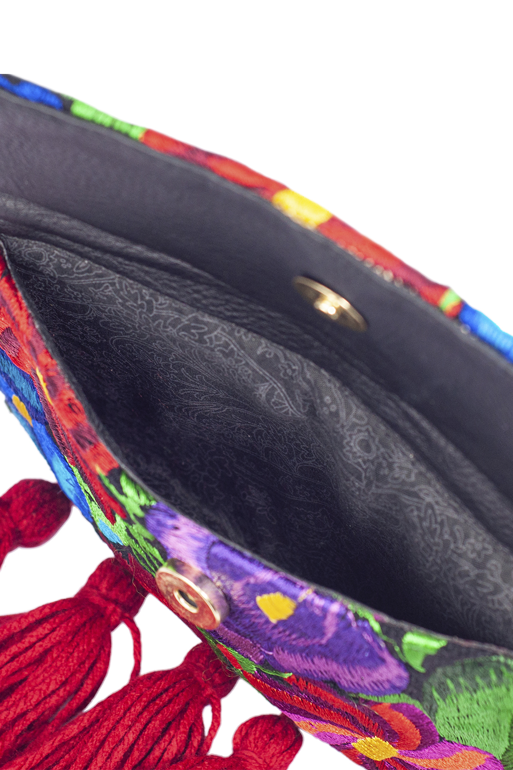 Porta celular tipo Crossbody  A ÁNGELOZANO con textil bordado artesanalmente en Chiapas con motitas y asa de piel sintética, Modelo Mía