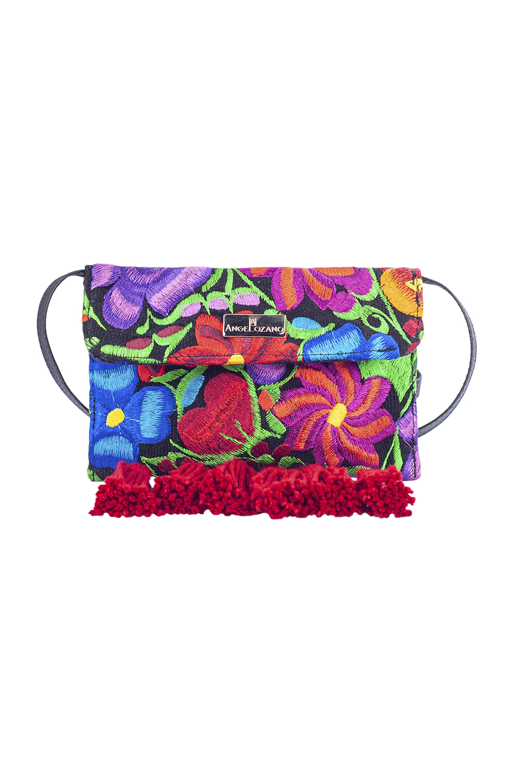 Porta celular tipo Crossbody  A ÁNGELOZANO con textil bordado artesanalmente en Chiapas con motitas y asa de piel sintética, Modelo Mía