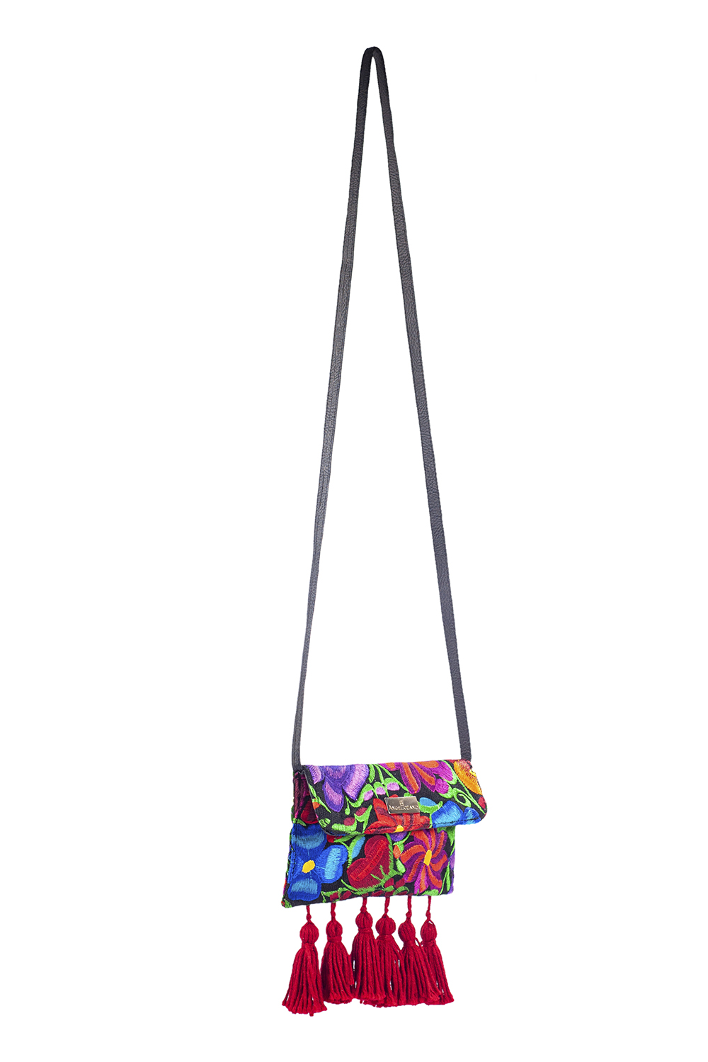 Porta celular tipo Crossbody  A ÁNGELOZANO con textil bordado artesanalmente en Chiapas con motitas y asa de piel sintética, Modelo Mía