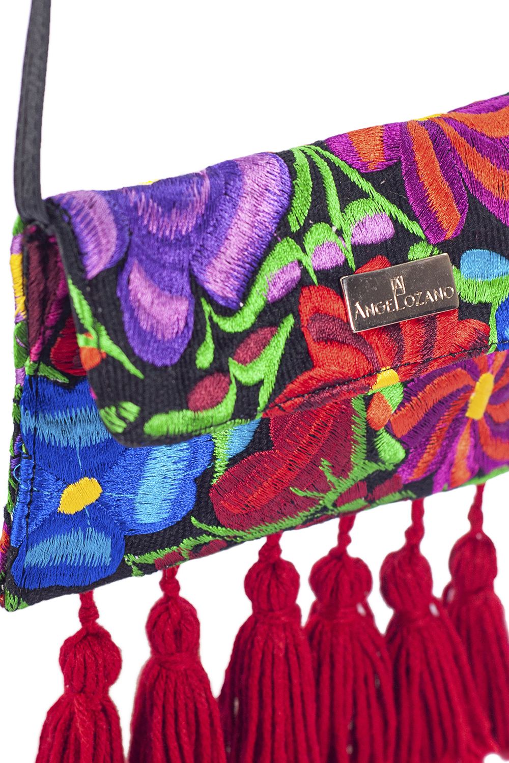 Porta celular tipo Crossbody  A ÁNGELOZANO con textil bordado artesanalmente en Chiapas con motitas y asa de piel sintética, Modelo Mía