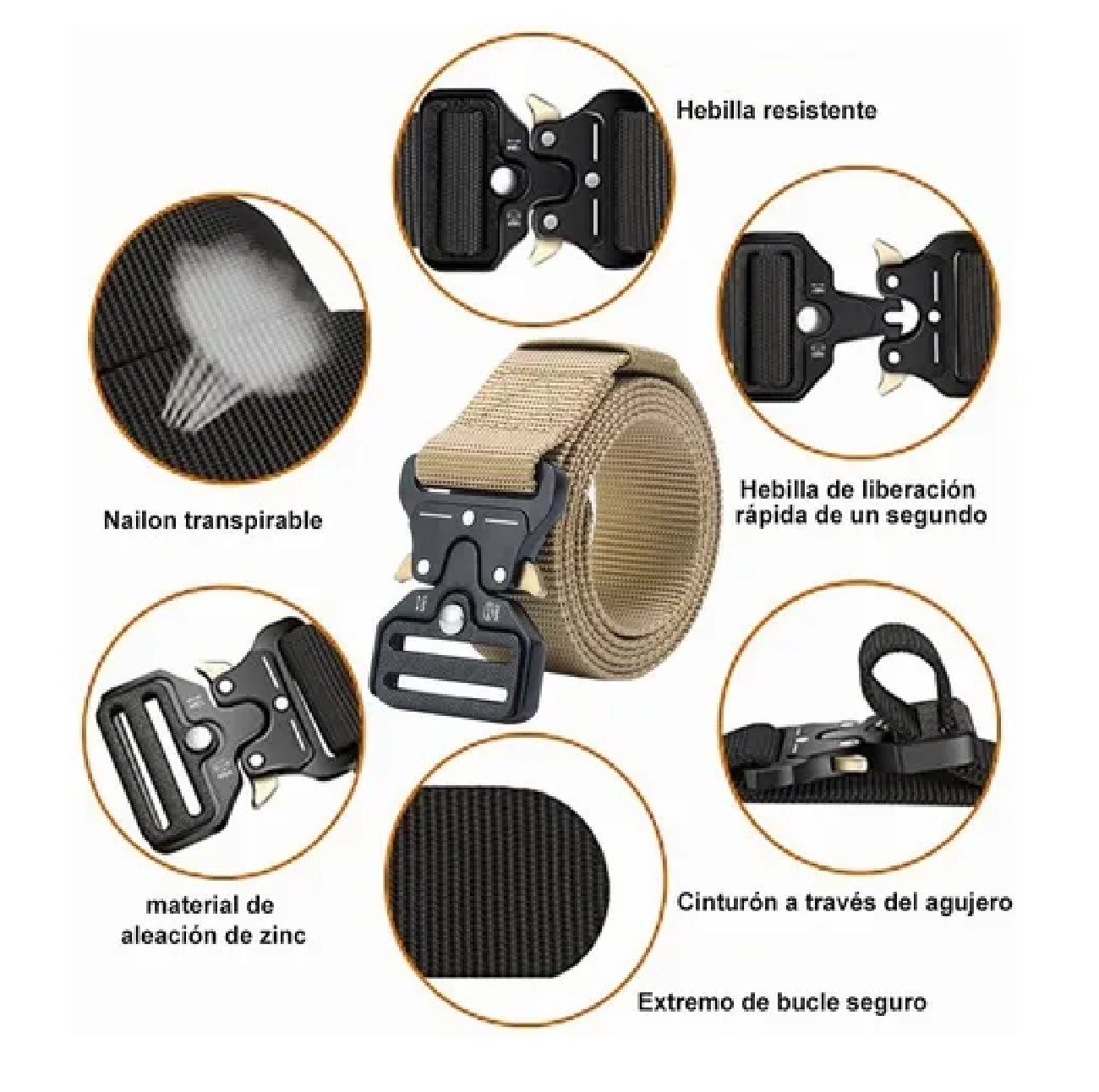 Cinturón Táctico De Nylon Ajustable Con 3pack Ganchos 125 Cm Caqui