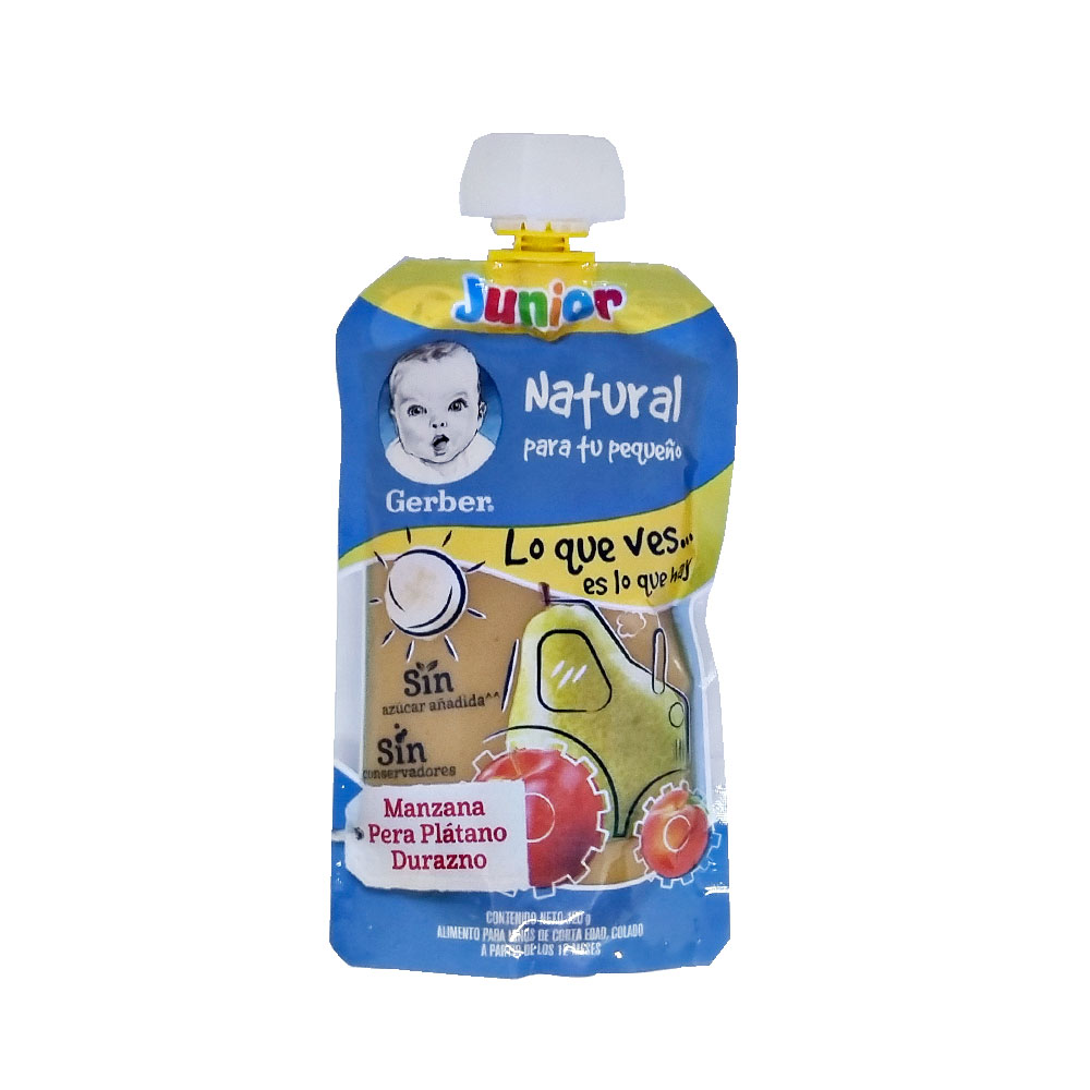 Papilla Gerber Junior Pounch De Manzana, Pera, Durazno 10 Meses 120 g