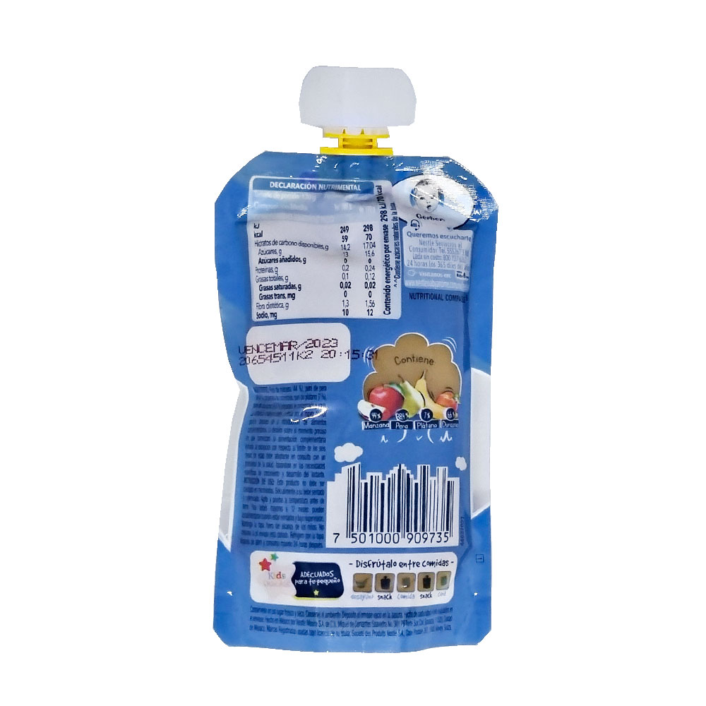 Papilla Gerber Junior Pounch De Manzana, Pera, Durazno 10 Meses 120 g