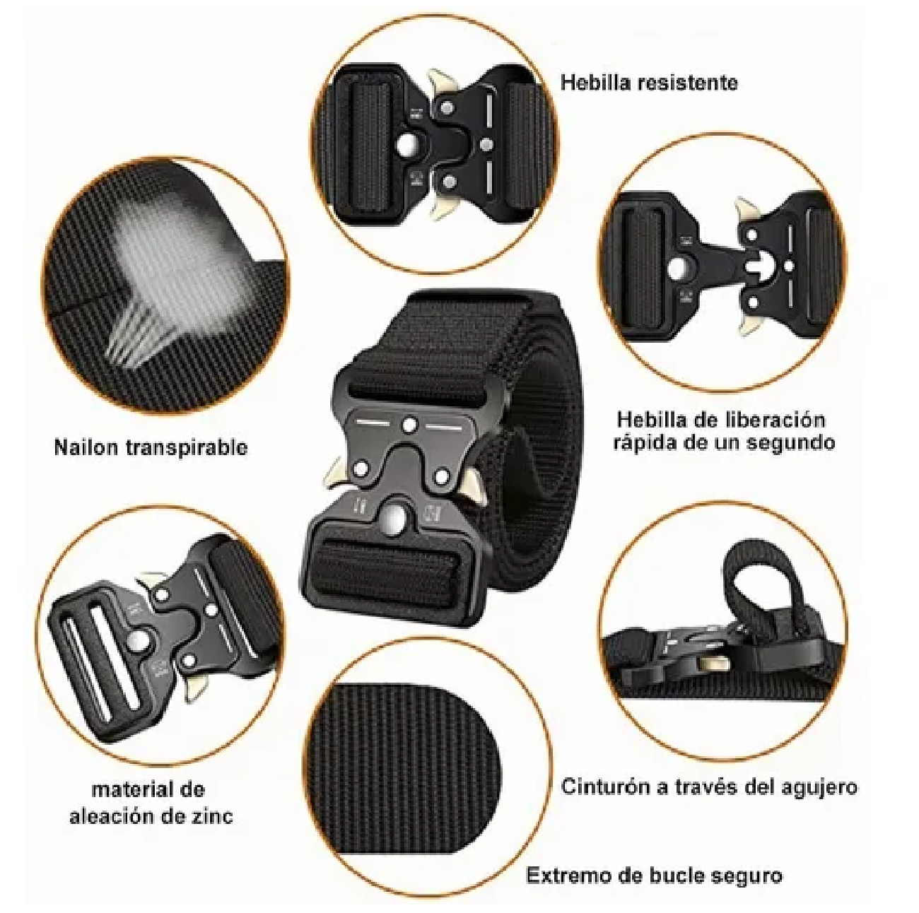 Cinturón Táctico De Nylon Ajustable Con 3pack Ganchos 125 Cm Negro
