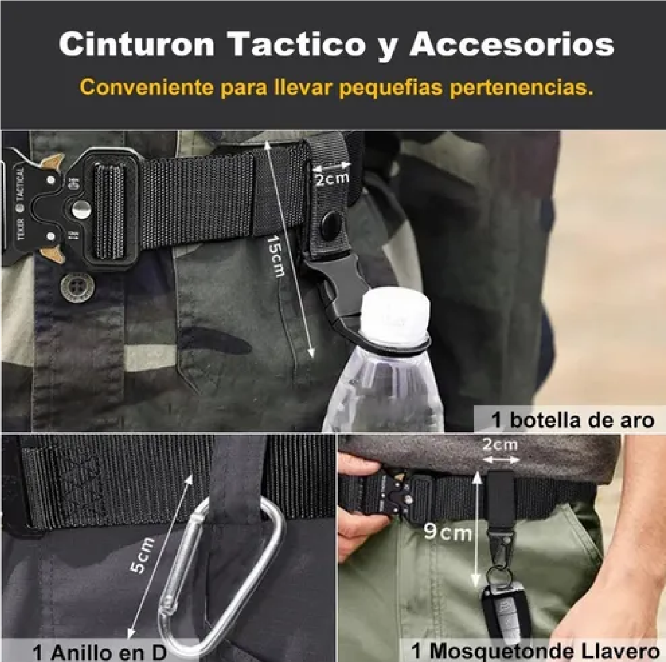 Cinturón Táctico De Nylon Ajustable Con 3pack Ganchos 125 Cm Negro
