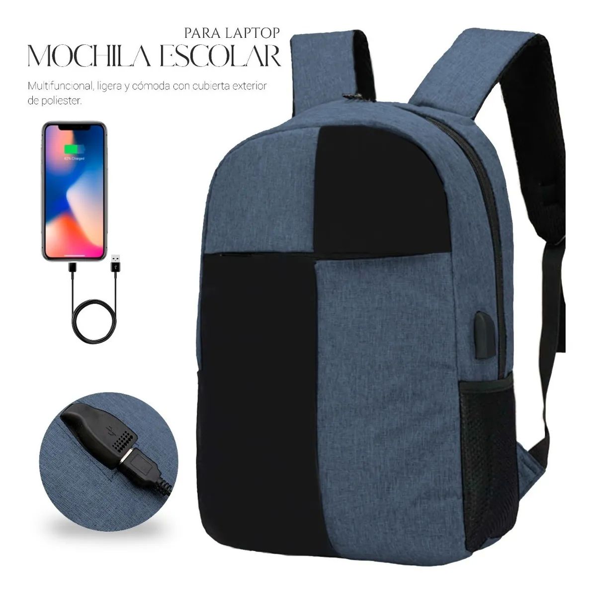 Mochila Para Laptop Carga Usb Negra con Azul