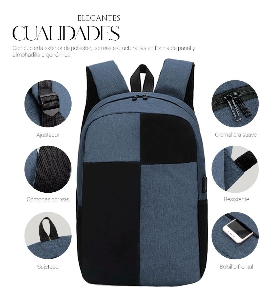 Mochila Para Laptop Carga Usb Negra con Azul