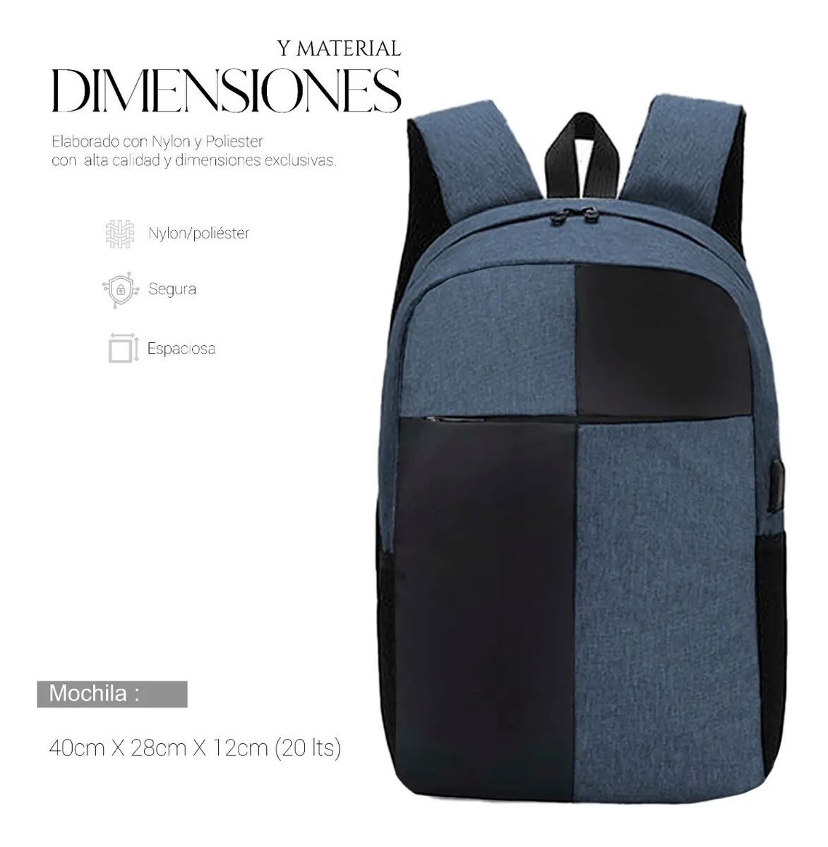 Mochila Para Laptop Carga Usb Negra con Azul
